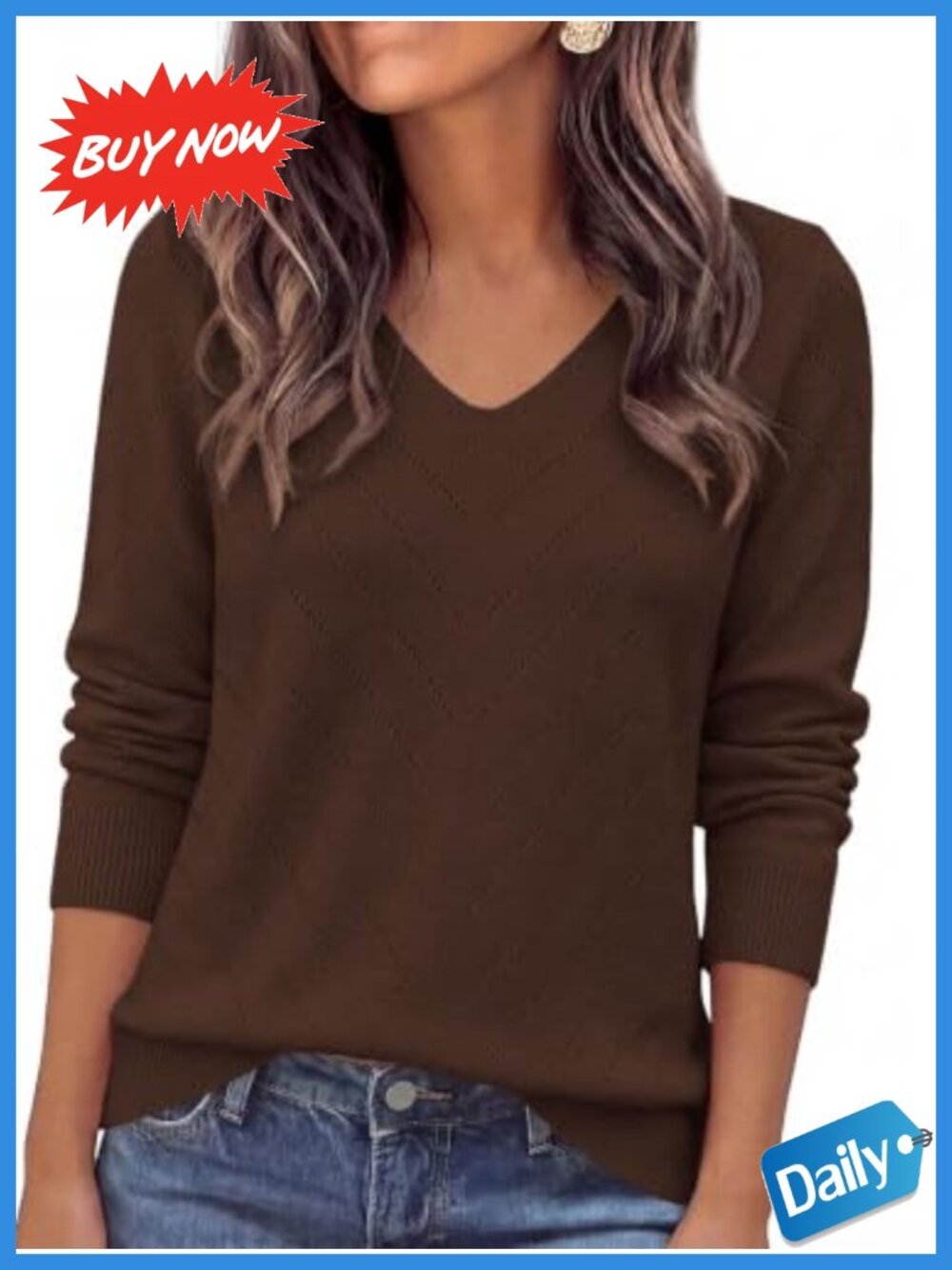 V Neck Ribbed Knit Pullover Sweater Long Sleeve Business Casual Women's Top